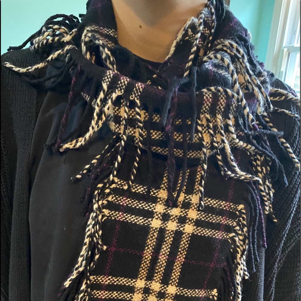 Burberry Black / purple/ white scarf with fringe.